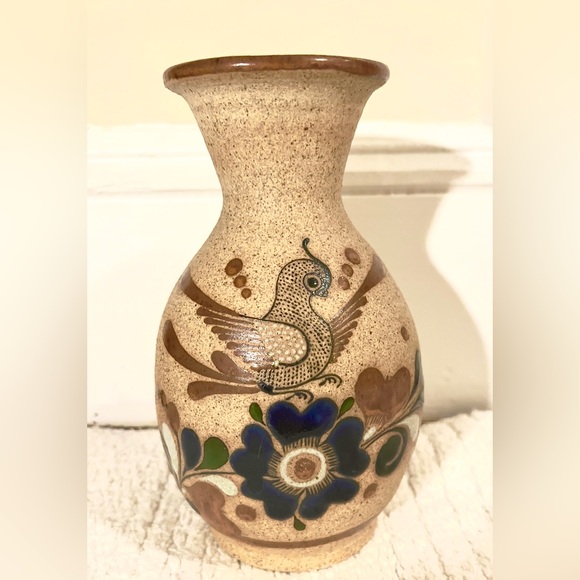 Vintage Floral Quail Bird Handmade Mexican Art Pottery Flower Vase Signed 8.25”T - Picture 1 of 8